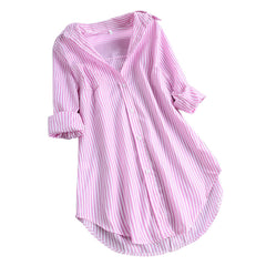 benflower 5xl Plus Size Spring Shirts for Women Fashion Stripe Button Blouses Casual Turn-down Collar Long Sleeve Tunic Top