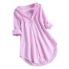 benflower 5xl Plus Size Spring Shirts for Women Fashion Stripe Button Blouses Casual Turn-down Collar Long Sleeve Tunic Top