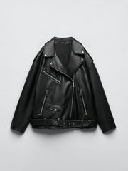 benflower Women Loose Motorcycle Biker Black PU Faux Leather Jacket with Belt