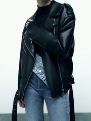 benflower Women Loose Motorcycle Biker Black PU Faux Leather Jacket with Belt