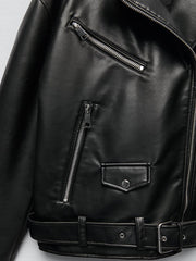 benflower Women Loose Motorcycle Biker Black PU Faux Leather Jacket with Belt